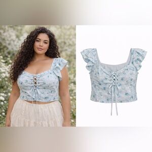 All In Favor Blue Floral Lace Up Crop Corset Top L Cottagecore Ruffle Blouse NWT